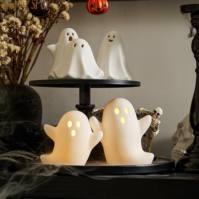 WDS WONDROUS Halloween Decorations Light Up Ghost Figurines Set of 2, White Floating Ghost Statues with LED, Ceramic Cute Halloween Figurines Decor for Tabletop Shelf Mantel Desk Indoor