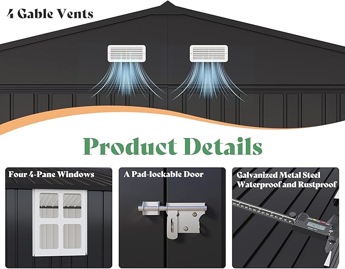 AMERLIFE 10x21x7.3 FT Outdoor Metal Garage Shed, Extra Large Storage Shed with Double Hinged Doors, 4 Windows, Carport for Car, Midsize SUV and Lawn Equipment, Dark Gray