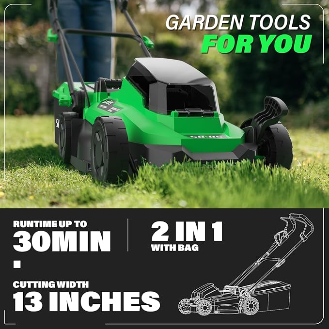 SOYUS Lawn Mower Cordless, 13 Inch 20V Electric Lawn Mowers with Brushless Motor, 5-Position Height Adjustment, 4.0Ah Battery & Charger Included