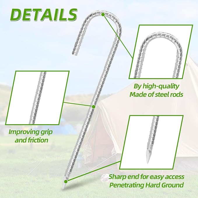 Rebar Stakes 12inx6mm Galvanized J Hook 4pcs – Heavy Duty Ground Tent Stakes for Fence,Bounce House,Outdoor Plants,Artificial Turf,Dog Coop,Metal Stakes for Christmas Decorations