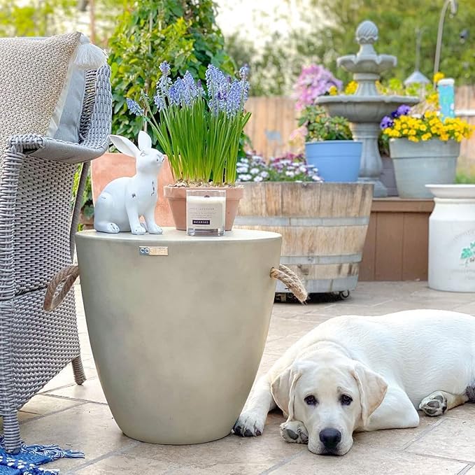 COSIEST Set of 2 Outdoor Cup Shaped Side Table, Concrete Side Table w Hemp Rope Handles,17''Patio Side Tables End Table, Outdoor Accent Table for Garden and Patio, Grey