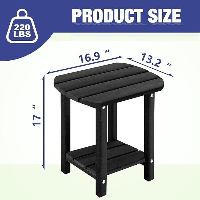 LZRS Outdoor Side Table - 2-Tier Adirondack HDPE Patio End Table for Pool, Porch,Balcony & Backyard,Weather Resistance for Indoor and Outdoor use(Black)