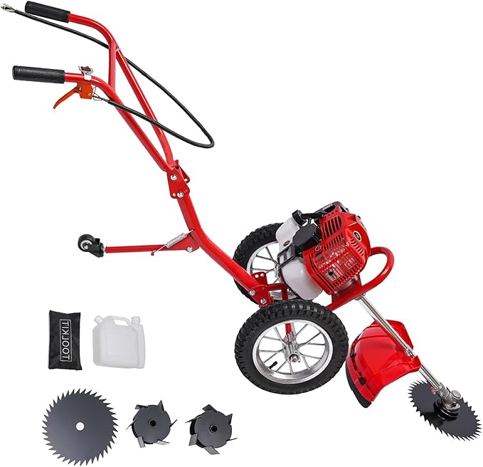 49CC 2-Stroke Gas Lawn Mower 1.8 KW Hand-Push Weeder 2-in-1 Grass Trimmer Dual-Blade Cultivator Home Single Cylinder Gasoline Garden Lawn Mower for Lawn, Yard, Small Farms