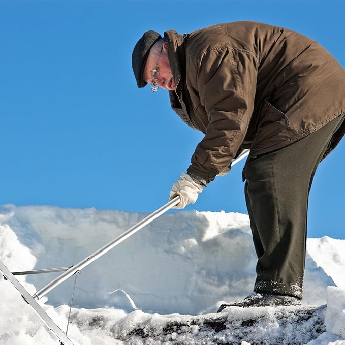 Gisafai Snow Roof Rake Snow Removal Tool with 5 Section Tubes 25 Inch Blade Adjustable 4.8-20 ft Reach Aluminum Shovel Rugged Slide for Single Cabins Car Roof (Silver)