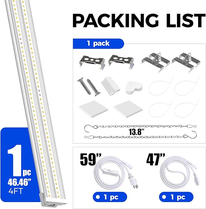 Barrina TX-S60 4FT Grow Light, 60W(420W Equivalent), Full Spectrum with 660nm Red LEDs, High PPFD, Linkable, Hanging Grow Lights with On/Off Switch for Indoor Plants, Greenhouse, Seeding, Veg, 1 Pack