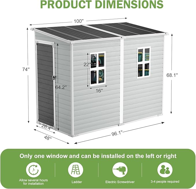 8x4x6 FT Resin Lean to Shed, Waterproof Outdoor Storage Shed with Floor, Window, Lockable Door & 2 Windows, Tool Shed for Patio Garden, Lawn, Backyard, Dove Grey