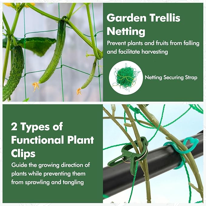 Garden Trellis for Climbing Plants Outdoor, A Frame Plant Trellis with Climbing Net, Coated Metal Poles, Twisted & Clips, Grape Trellis Plant Support for Vines, Vegetables, Fruit & Flower