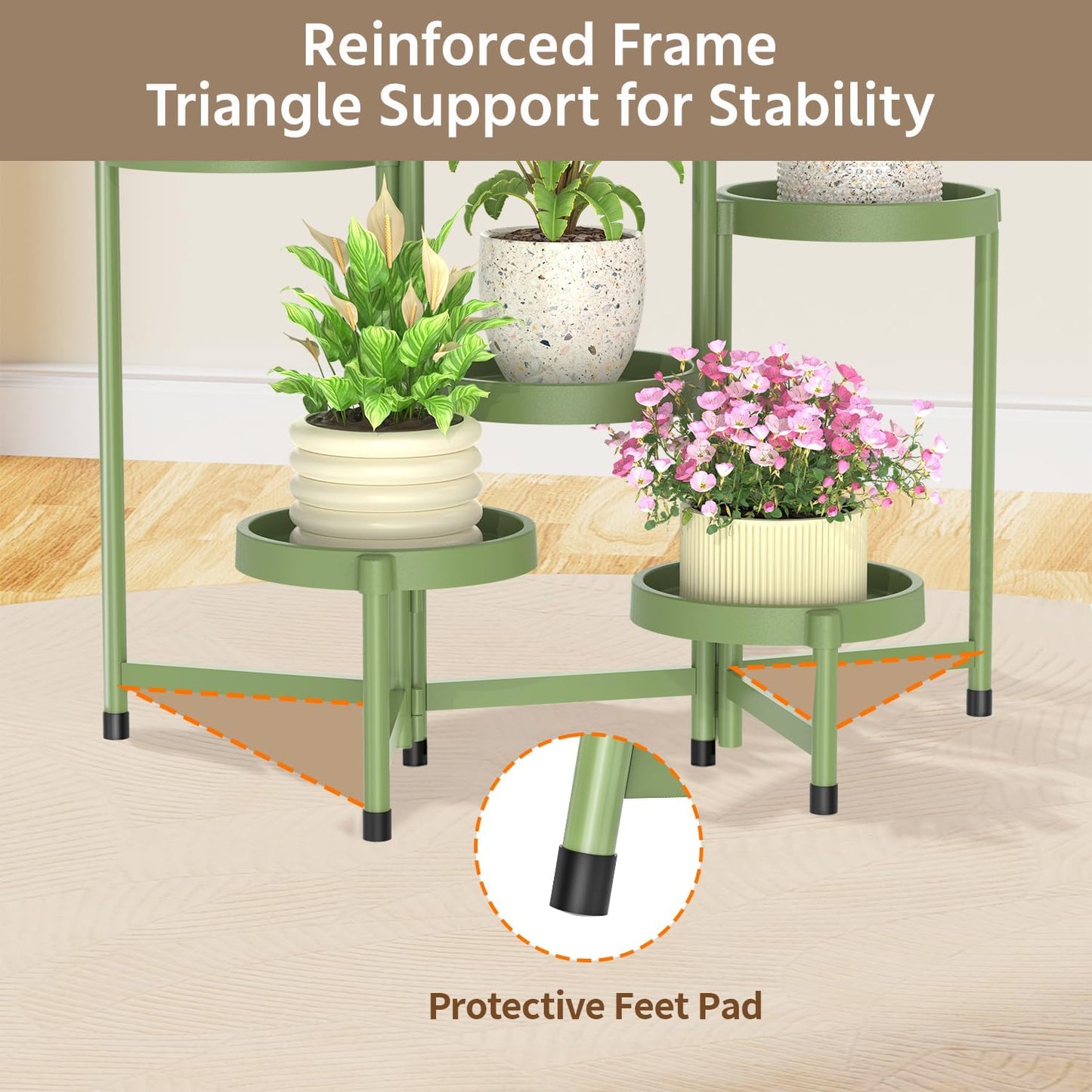 LASZOLA 6 Tiered Folding Plant Stand Indoor for Multiple Large Planter, Tall Heavy Duty Adjustable Rack with Rust Proof Plastic Shelving, Sturdy Vertical Tree Organizer for Narrow Inside Floor, Green