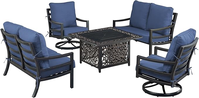 Oakland Living Black Aluminum Patio Fire Table Set with Two Deep Seating Loveseat with Cushions and Two Club Chairs with Blue Cushions