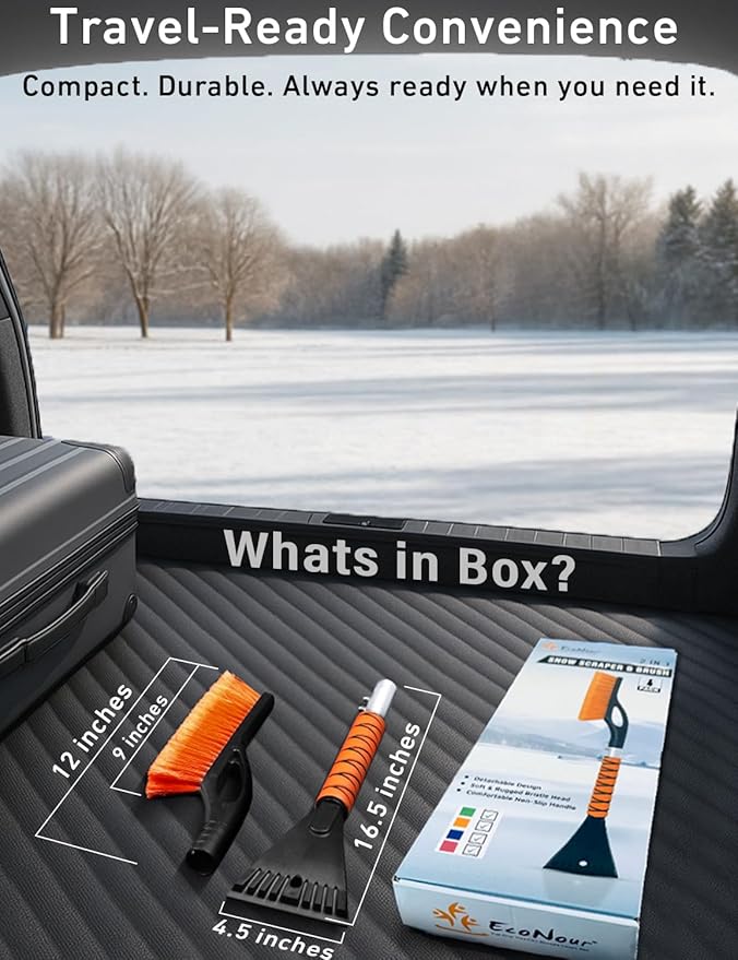 EcoNour 27" Aluminum Snow Brush 4 Pack with Ice Scrapers for Car Windshield and Window | Car Snow Scraper and Brush with Ergonomic Foam Grip Winter Accessories (Orange, Pink, Green, Blue)
