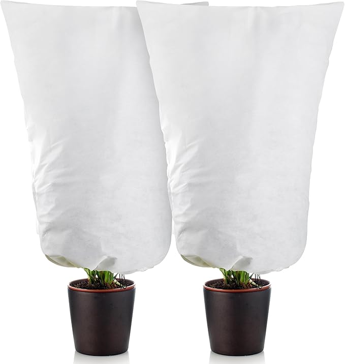 Alpurple 2 Packs Large Size Winter Drawstring Plant Covers- 39 x 63 Inch Warm Plant Protection Cover Bags, Frost Cloth Blanket Protecting Fruit Tree Potted Plants from Freezing Animals Eating