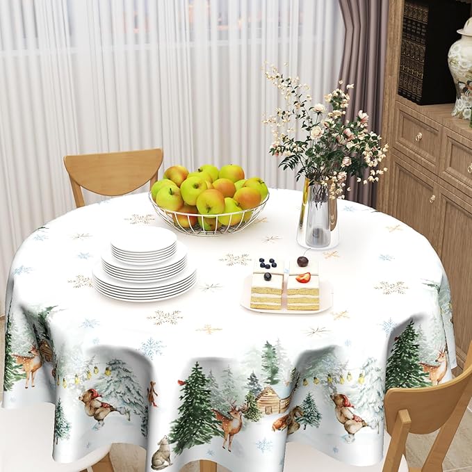 Giwawa Winter Christmas Round Tablecloth 60 Inch,Xmas Snowland Forest Deer Pine Tree Reusable Washable Fabric Tabletop Cover for Holiday Party Wedding Picnic Home Outdoor Decor