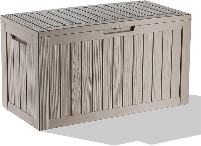 ROJIK Outdoor Storage Housing Deck Box - Waterproof Patio Furniture, Garden Tools, Cushions, Pool Accessories Storage Bench with Lockable Lid and Side Handles (Grey 88 Gal)