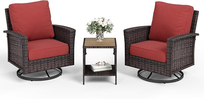 3 Piece Patio Furniture Set, Rattan Wicker Swivel Chairs Set of 2 with Side Table, 35" High Back Outdoor Conversation Set with Thick Cushions for Bistro Porch Poolside, Red