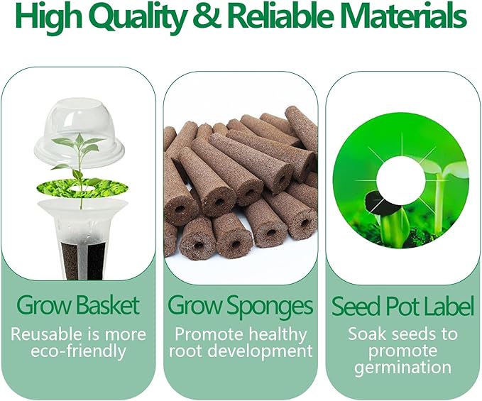 107 Pcs Seed Pod Kit for Hydroponics System, Garden Starter Accessories with 32 Grow Sponges, 12 Plant Baskets & Domes, 50 Pod Labels, and 1 Tweezer