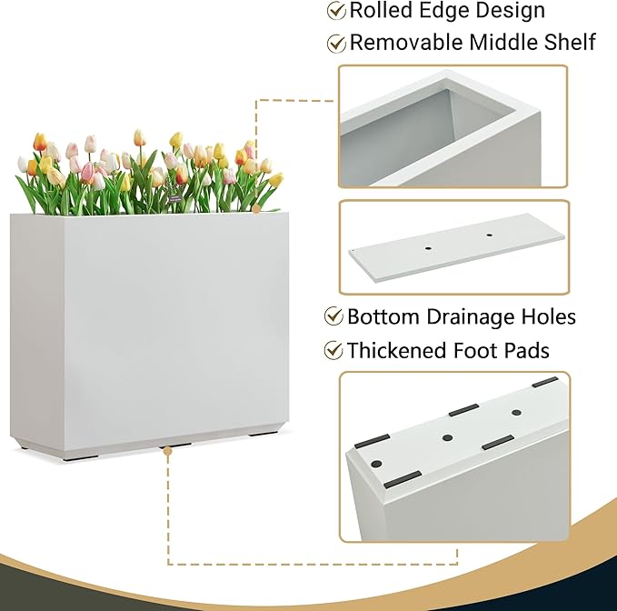 Metallic Heavy Outdoor Planter Box, Span Plant Container, Long and Tall Divider Flower Pot, 30Lx10Wx24H, White, No Assembly 30.8 Pounds