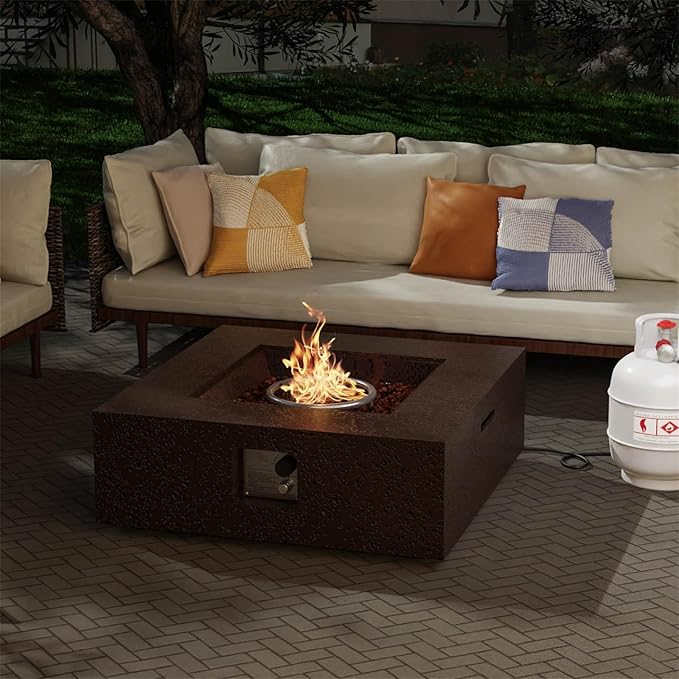 SUNBURY Outdoor Fire Pit, 35" Square Propane Gas Patio Fire Table 50,000 BTU Concrete Travertine Design, CSA Certified, Low Firepit Table with Lava Rocks, Waterproof Cover (Dark Brown)