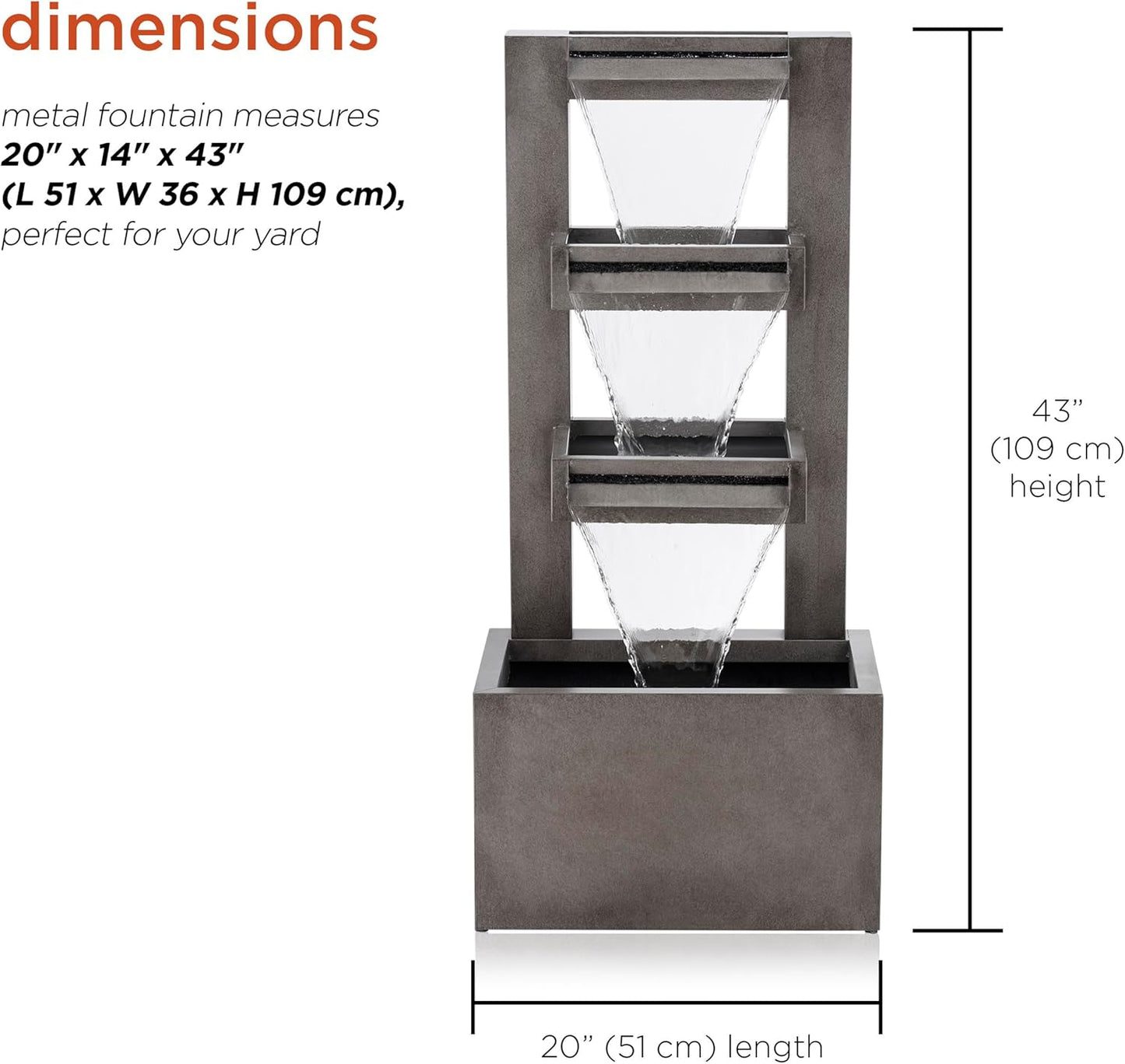Alpine Corporation CPS182 Outdoor Metal Multitiered Waterfall Floor Fountain Industrial Style Water Feature for Garden, Patio, Yard, Backyard, Relaxing Water Flow, and Serene Landscaping, Gray