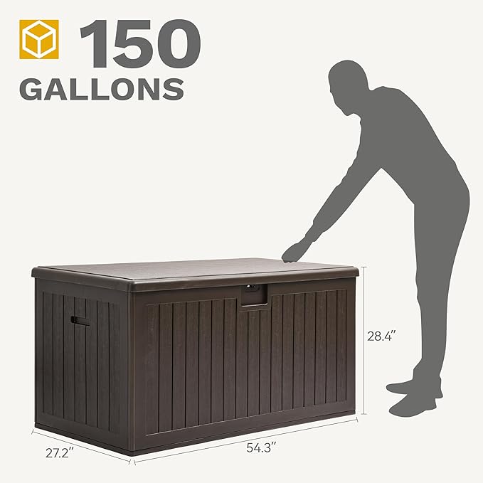 DWVO 150 Gallon Resin Outdoor Storage Box, XXL Double-Wall Waterproof Deck Box, Doubles as Table or Seating with 1000 lbs Capacity, Lockable (Brown)