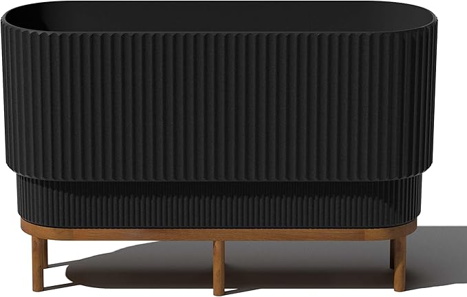Veradek Demi Series Raised Long Planter for Indoor/Outdoor Use | Made from Plastic & Stone w/Wooden Stand | Modern Patio Décor for Flowers/Shrubs