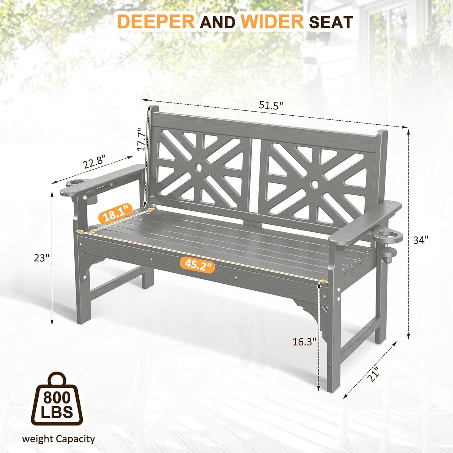 nalone Outdoor Bench with Cup Holders, HDPE All Weather Porch Bench Load up to 800 Lbs, 2-Person Garden Benches Rot-Proof Fade Proof for Patio, Porch, and Park (Grey)