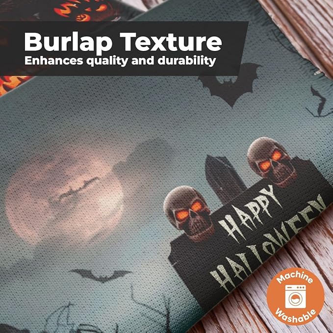 Happy Halloween Garden Flag 12x18 – Double Sided Burlap Fall Outdoor Flag with Jack-o'-Lanterns, Skulls, Bats & Graveyard Scene