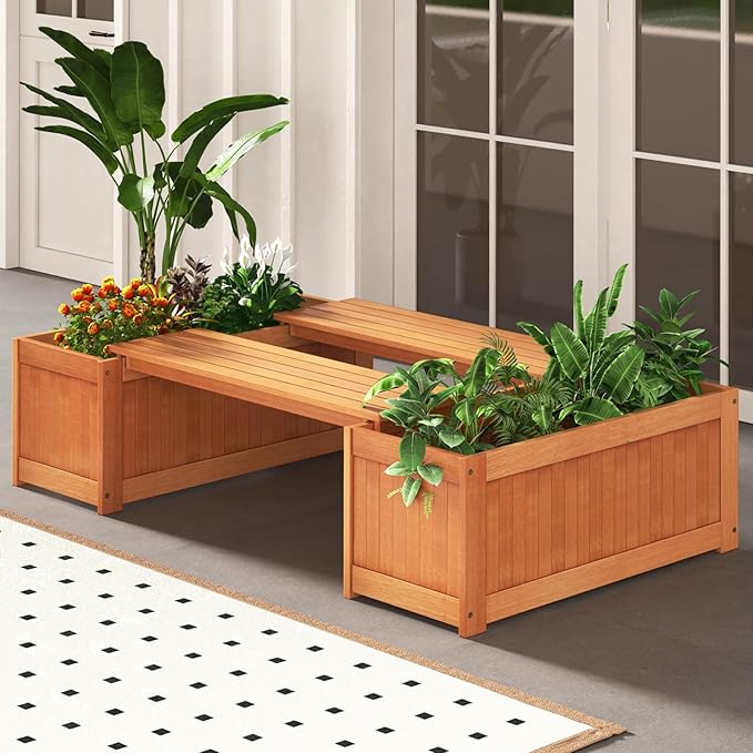 Giantex Set of 2 Outdoor Bench, Wood Raised Garden Bed w/Open Base, Weather-Resistant Rectangular Deep Planter Boxes for Flowers Fruit Vegetable, Bench Seat for Porch Yard Balcony Lawn