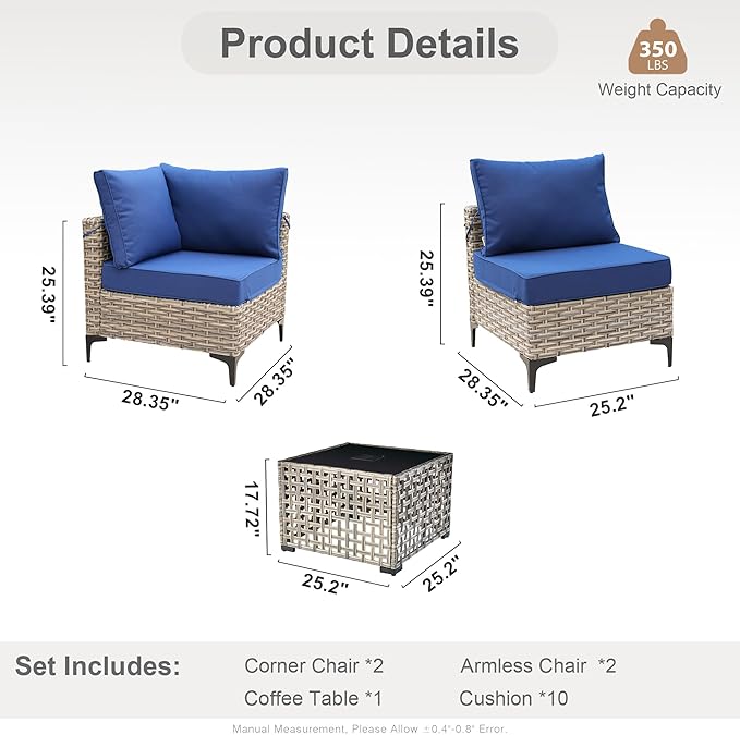 Outdoor Sectional Patio Furniture Set with Glowing Table,5 Pieces Wicker Conversation Sets L Shaped Couch Out Door Sofa Set Outside Furniture for Garden Deck Yard Porch,Navy Blue