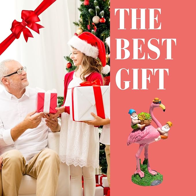 Gnomes Flamingo Garden Statue – Resin Sculpture for Yard, Patio or Lawn Decor – Funny Garden Gnome Gift for Mom, Women, Friends (No Lights)