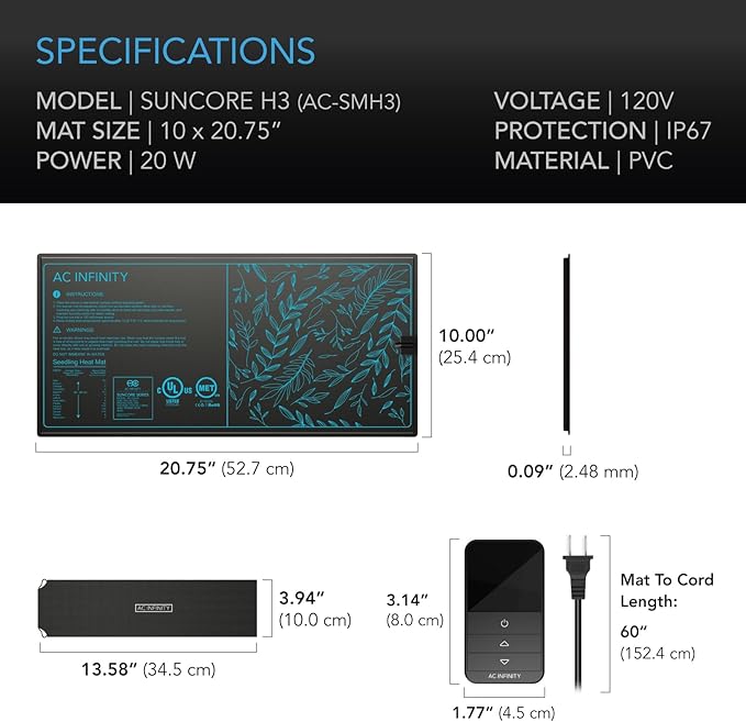 AC Infinity SUNCORE H3, Seedling Mat 10” x 20.75” with Digital Thermostat Controller for Exact Temperature Levels, Waterproof Heating Pad for Indoor Gardening, Hydroponics, Germination, Cloning