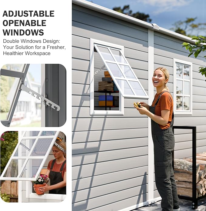 CDCASA 4x8 FT Resin Lean to Shed, Waterproof Outdoor Storage Shed with Floor and Adjustable Openable Windows,Outside Plastic Tool Shed for Backyard Garden Patio Lawn