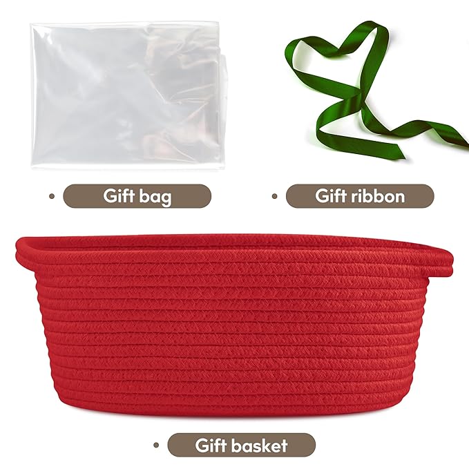 Pro Goleem Small Woven Basket with Gift Bags and Ribbons Durable Baskets for Gifts Empty Small Rope Basket for Storage 12"X 8" X 5" Baby Toy Basket with Handles, Red