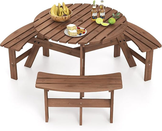 Giantex 6-Person Round Picnic Table Set with 3 Benches, 550 LBS Bench Capacity, 2" Umbrella Hole, Circular Outdoor Wood Dining Table & Chairs for Patio Yard Garden Porch Deck (68”x62”x28”,Brown)