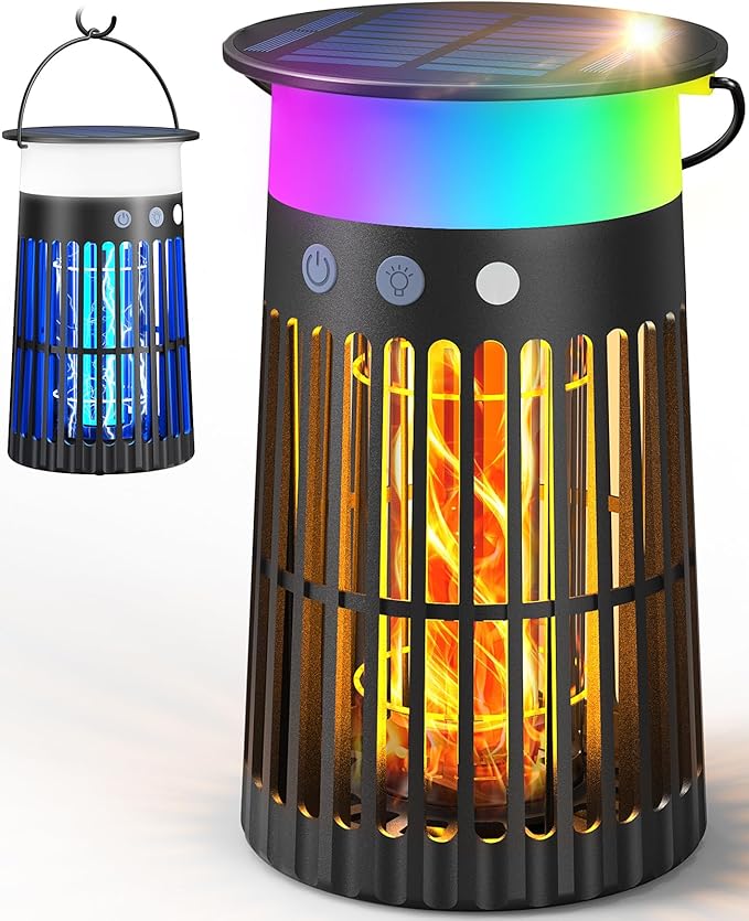 Solar Bug Zapper Outdoor Waterproof, 4 in 1 Solar Mosquito Zapper Outdoor, Cordless Solar Fly Zapper with RGB, Flame Light and LED Camping Lantern