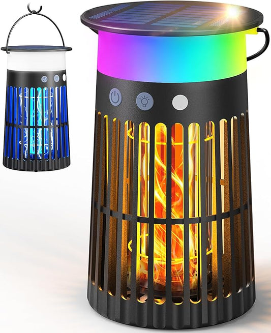 Solar Bug Zapper Outdoor Waterproof, 4 in 1 Solar Mosquito Zapper Outdoor, Cordless Solar Fly Zapper with RGB, Flame Light and LED Camping Lantern