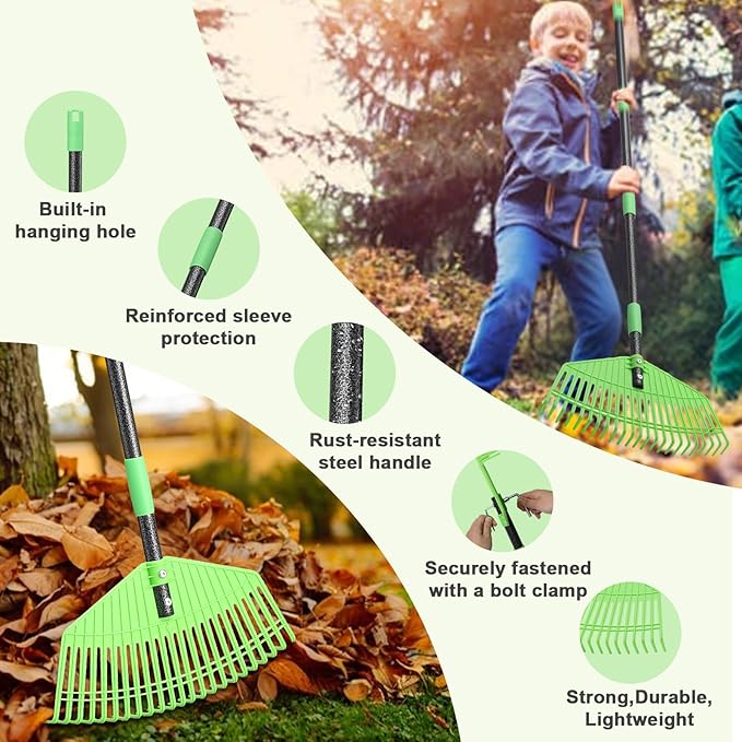 Plastic Rake for Leaves - Lightweight Outdoor Garden Rakes for Leaves,Grass,Pine Needle,Gentle Sweep Leaf On Lawn Yard, 75" Adjustable Long Handle for Gardening Camping