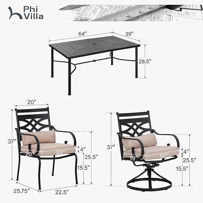 PHI VILLA 7 Pcs Patio Dining Sets,Outdoor Table Chair Set for 6 with 2 Outdoor Swivel Chairs and Metal Rectangular Table,Outdoor Dining Furniture with Cushion and Pillow for Garden Lawn Deck
