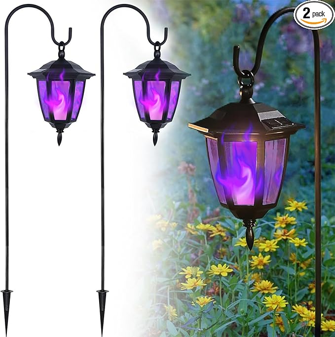 Dynaming 2 Pack Solar Halloween Flame Hanging Lights Outdoor, Flickering Flame LED Garden Lanterns with 2x38 Inch Shepherd Hooks, Landscape Lighting Waterproof for Lawn Yard Pathway Driveway, Purple