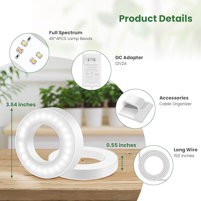 Small Grow Lights for Indoor Plants, 192 LEDs Full Spectrum Plant Grow Light with DC Adapter, 6/12/16H Timer, 3 Color Modes, 5 Brightness Levels, 3.5" Growing Lamp for Small Plants (4-Head)