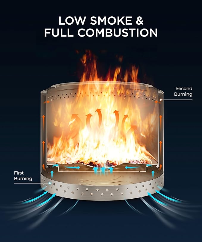 Smokeless Fire Pit, 19.7 inch Firepits for Outside with Removable Ash Pan, Portable Low Smoke Stainless Steel Outdoor Fire Pits, Lightweight Wood Burning Smokeless Firepit for Camping, Bonfire, Picnic