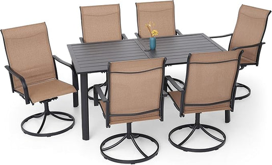 7-Piece Outdoor Dining Set, 6 Swivel Chairs & 63'' Rectangular Dining Table with All Weather Frame Furniture Set -Brown Style2