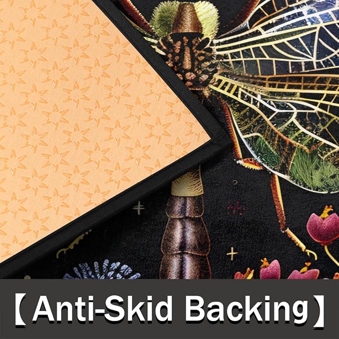 cfpolar Non-Slip Soft Half Round Door Mat, Dragonfly Mushroom Flower Semicircle Mat for Indoor Entrance Garage Bath Living Room Patio 24 x 36 in