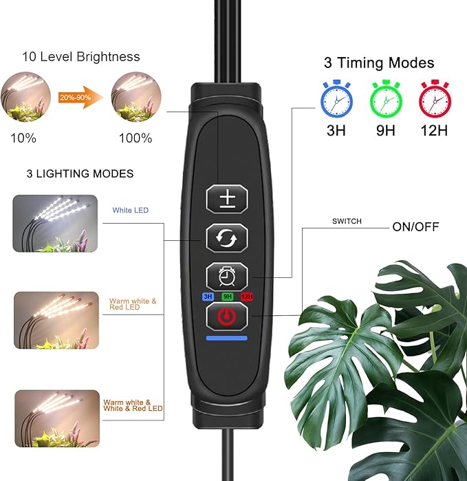 Grow Lights with Stand,4 Goosenecks Floor Plant Light for Indoor Plants,10 Dimmable Levels & Auto On/Off Timer(3/9/12H Timer), 3 Switch Modes,Tripod Stand Plant Lamp Height Adjustable.