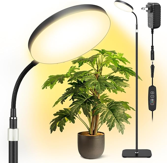 Grow Light for Indoor Plant, 20W Full Spectrum Large Round Heads Growing Lights,10 Dimmable Brightness,Height Adjustable,Flexible Gooseneck,Auto Timer,LED Floor Lamp for Tall Small Plants Growth