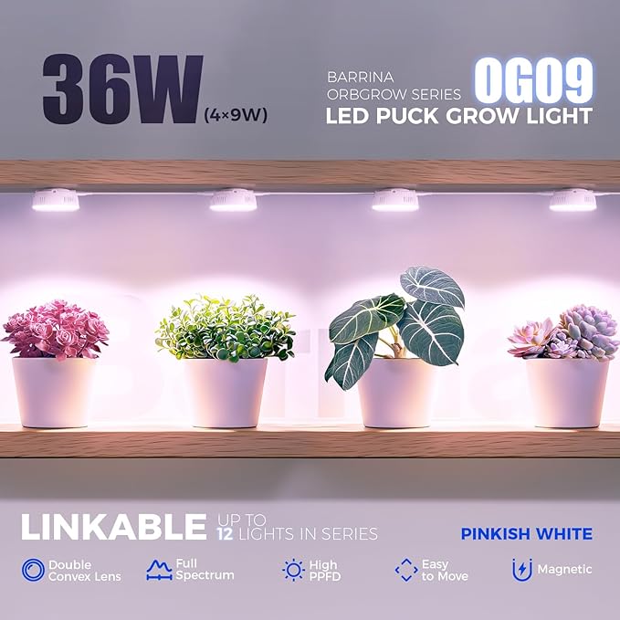 Barrina Orbgrow OG09 Puck LED Grow Light, Pinkish White 36W(4 x 9W, 540 Watt Equiv), Plant Lights for Indoor Plants Full Spectrum, Magnetic & Linkable, Small Grow lamp for Plant Shelf, 4 Packs