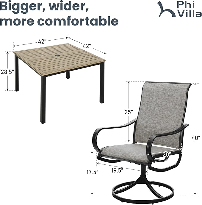 PHI VILLA 5 PCS Patio Dining Set, 4 Patio Swivel Dining Chairs & Square Brown Metal Slat Table Top with 1.57" Umbrella Hole, Outdoor Table and Chairs for All Weahter