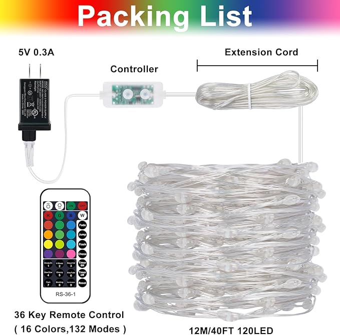 OMIKA Fairy Lights Plug in, 16 Color Changing, 40ft 120 LED Twinkle Lights with Remote Timer, 132 Modes Firefly Decorative Lighting for Bedroom Wedding Christmas Tree Halloween Décor