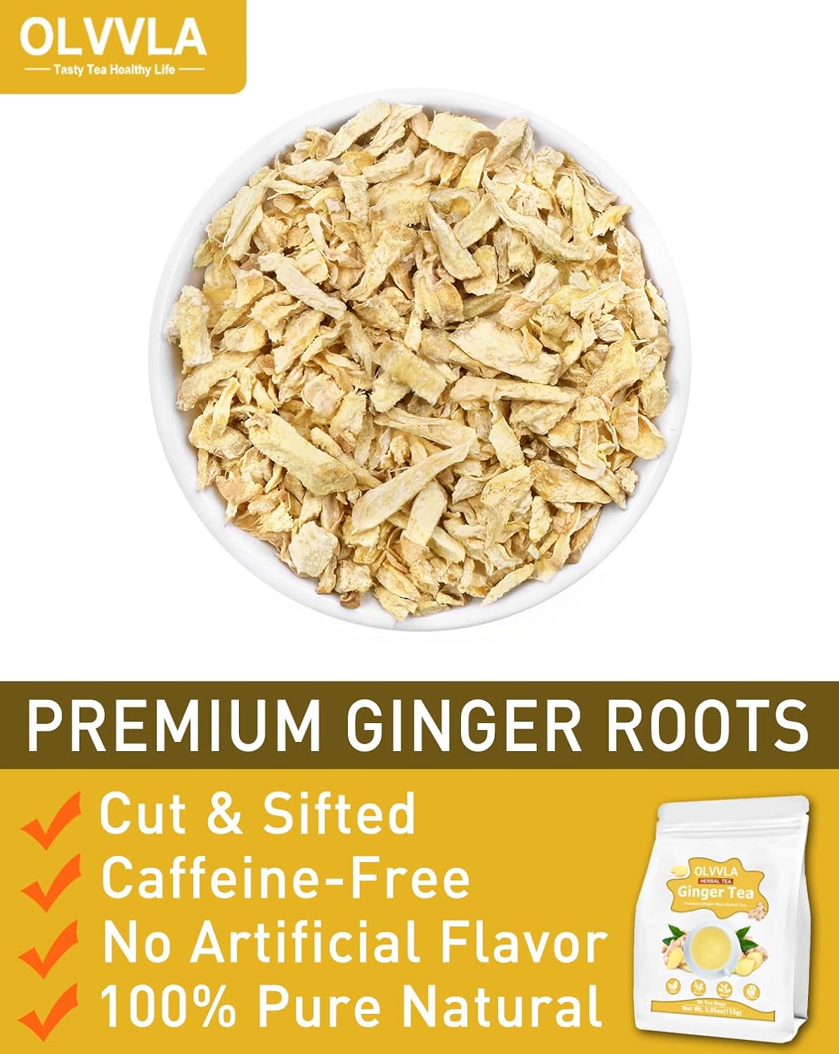 Olvvla - Premium Ginger Tea Bags - 2g X 56 Count - 100% Pure Natural Ginger Root Herbal Tea - Cut & Sifted - Non-GMO - Caffeine-free - Warm & Spicy - Relieve Nausea & Support Digestion