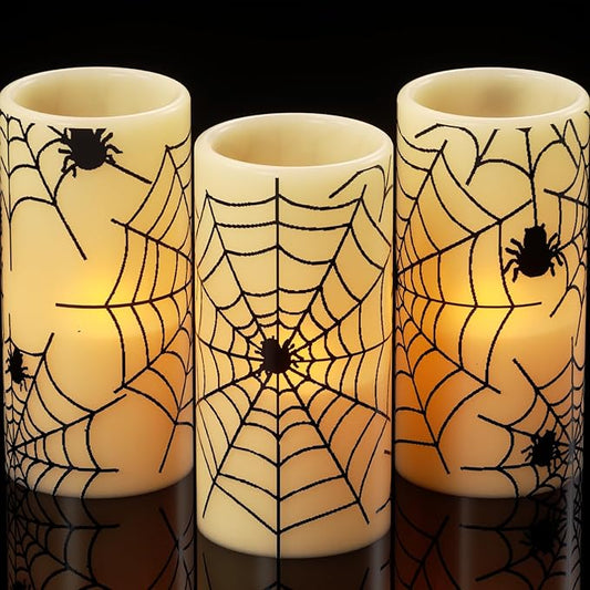 DRomance Flameless Candles Battery Operated with Timer, Set of 3 Spider Cobweb Decals Yellow Light Real Wax LED Flickering Pillar Candles Dinner Tabletop Halloween Home Decoration (3" x 6")