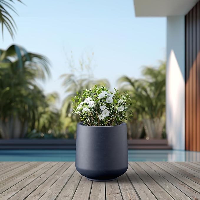 Kante 15.3" Dia Round Concrete Planter, Outdoor Indoor Large Plant Pots Containers with Drainage Hole and Rubber Plug for Home Garden Patio, Dark Gray